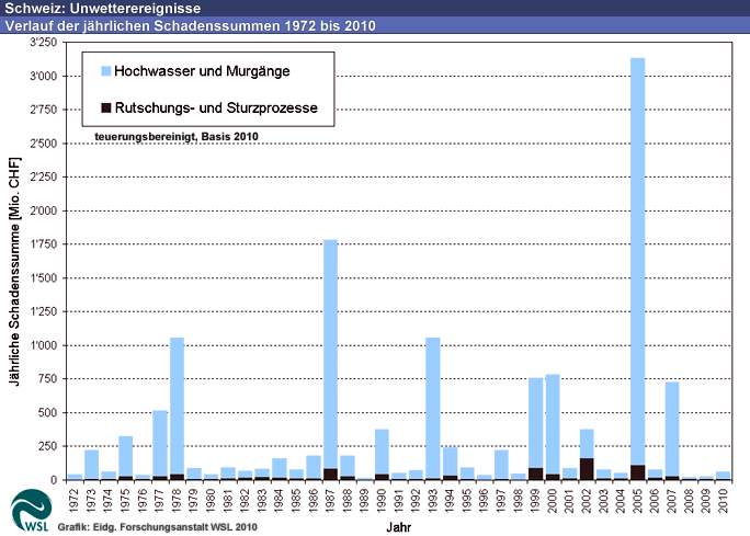 Im Jahr 2006 richteten Überschwemmungen, Murgänge, Rutschungen und Felsbewegungen in der Schweiz insgesamt rund 75 Millionen Franken Schäden an. Verglichen mit der durchschnittlichen Schadensumme der Jahre 1972 bis 2005, die teuerungsbereinigt etwa 350 