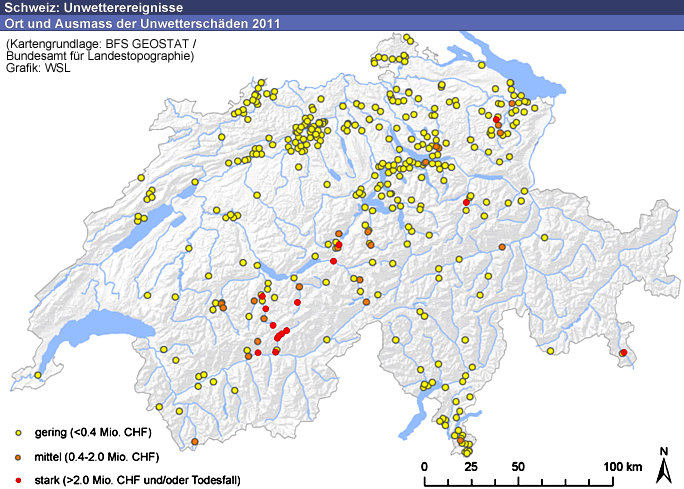 Im Jahr 2006 richteten Überschwemmungen, Murgänge, Rutschungen und Felsbewegungen in der Schweiz insgesamt rund 75 Millionen Franken Schäden an. Verglichen mit der durchschnittlichen Schadensumme der Jahre 1972 bis 2005, die teuerungsbereinigt etwa 350 