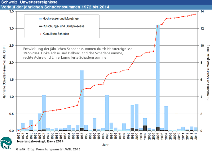 Im Jahr 2006 richteten Überschwemmungen, Murgänge, Rutschungen und Felsbewegungen in der Schweiz insgesamt rund 75 Millionen Franken Schäden an. Verglichen mit der durchschnittlichen Schadensumme der Jahre 1972 bis 2005, die teuerungsbereinigt etwa 350 
