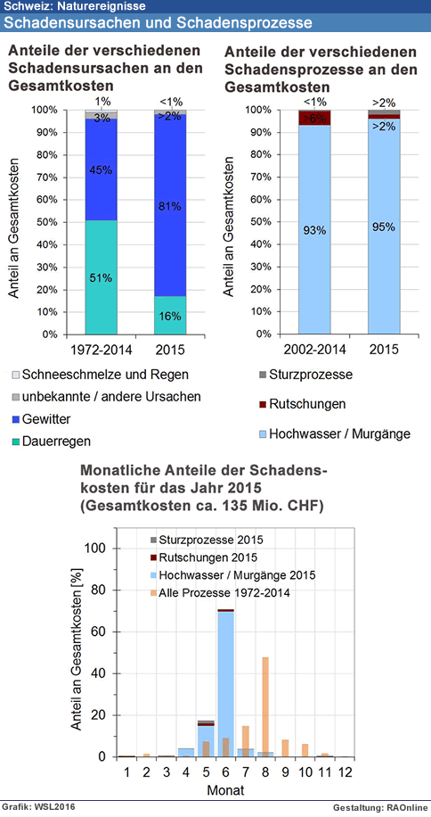 Im Jahr 2006 richteten Überschwemmungen, Murgänge, Rutschungen und Felsbewegungen in der Schweiz insgesamt rund 75 Millionen Franken Schäden an. Verglichen mit der durchschnittlichen Schadensumme der Jahre 1972 bis 2005, die teuerungsbereinigt etwa 350 